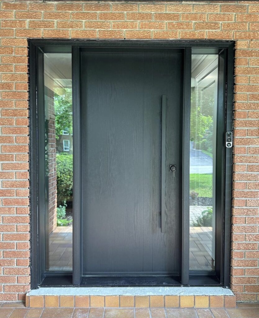 Fibreglass Entry Door with Black Square Pull Bar Clear Sidelites